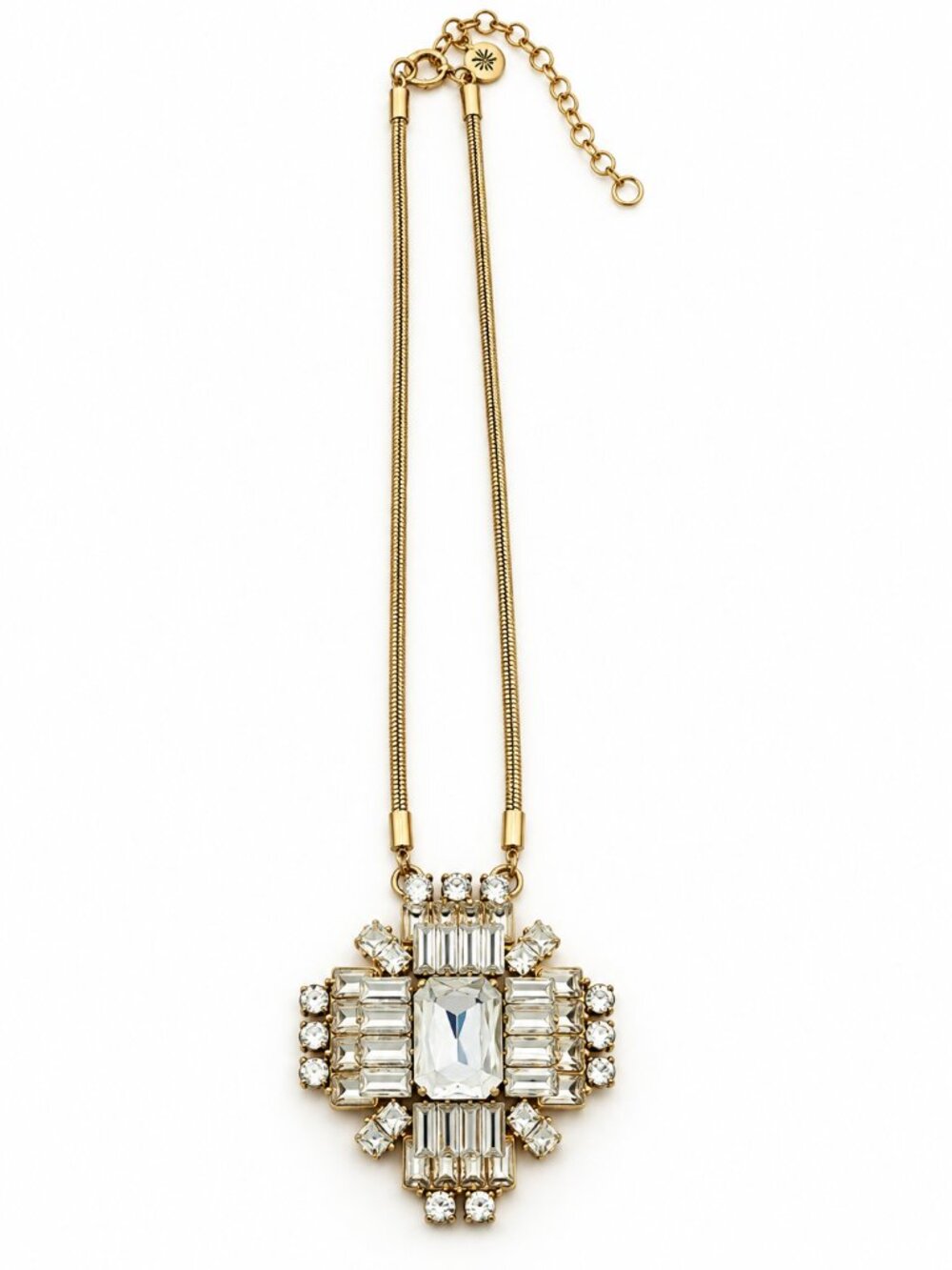 J.Crew Crystal Statement Necklace Gold Tone Rhinestone Pendant Baguette